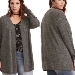 Torrid Gray Crisscross Sleeve Lace Up Open Front Cardigan Size 1X Plus Size